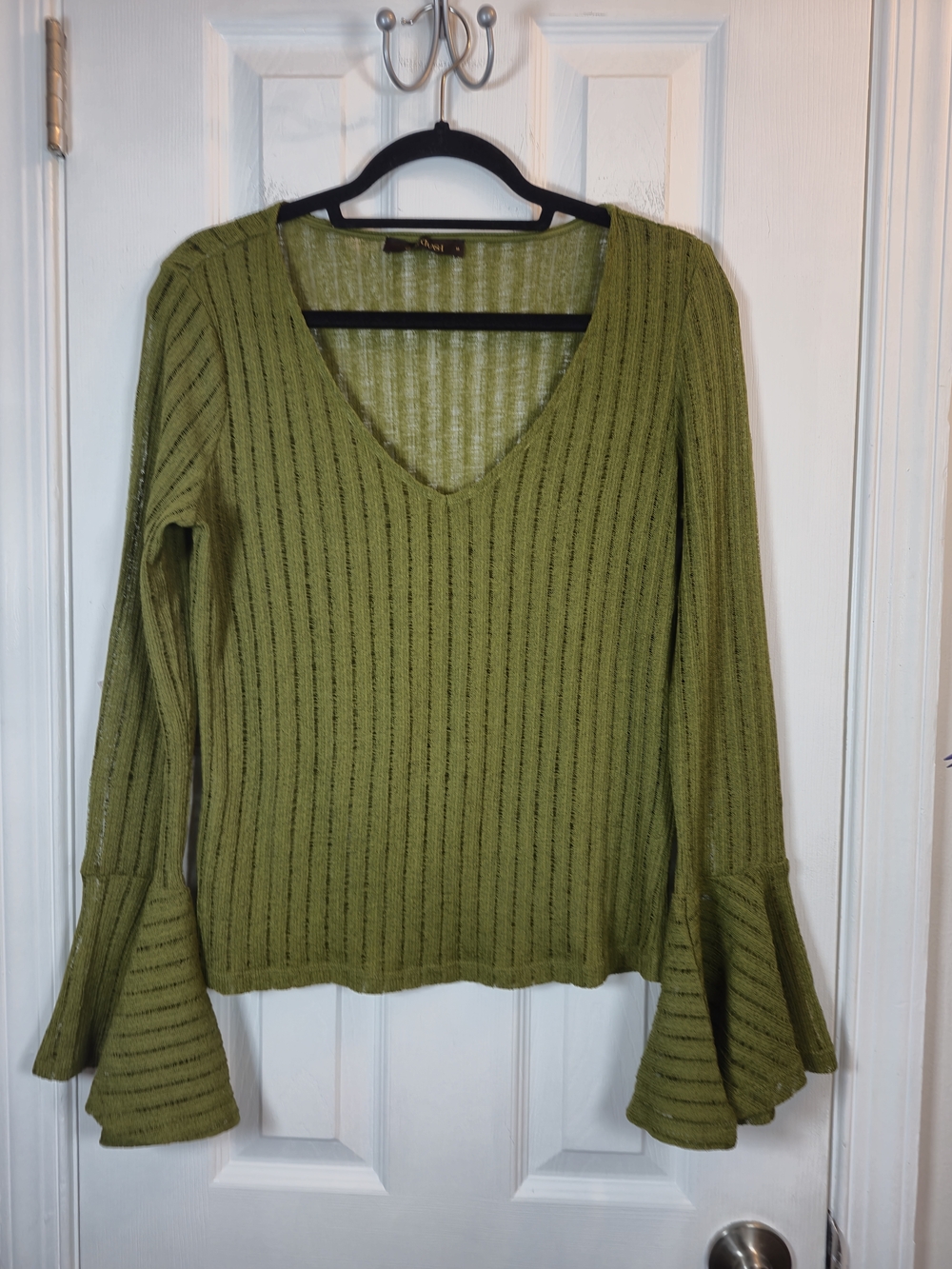 Super Trash Moss Green Ribbed Knit Bell Sleeve Sheer V-Neck Top Size M